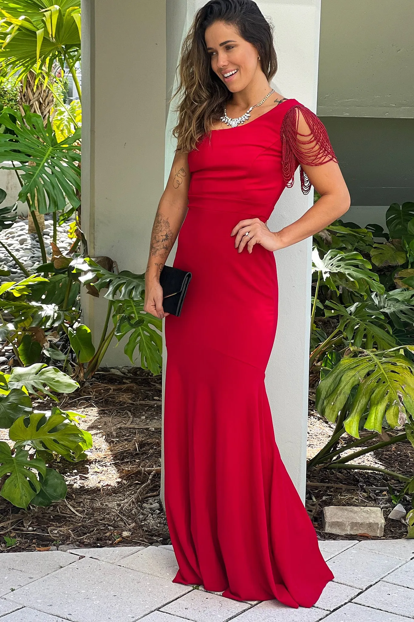 Red Beaded One Shoulder Maxi Dress