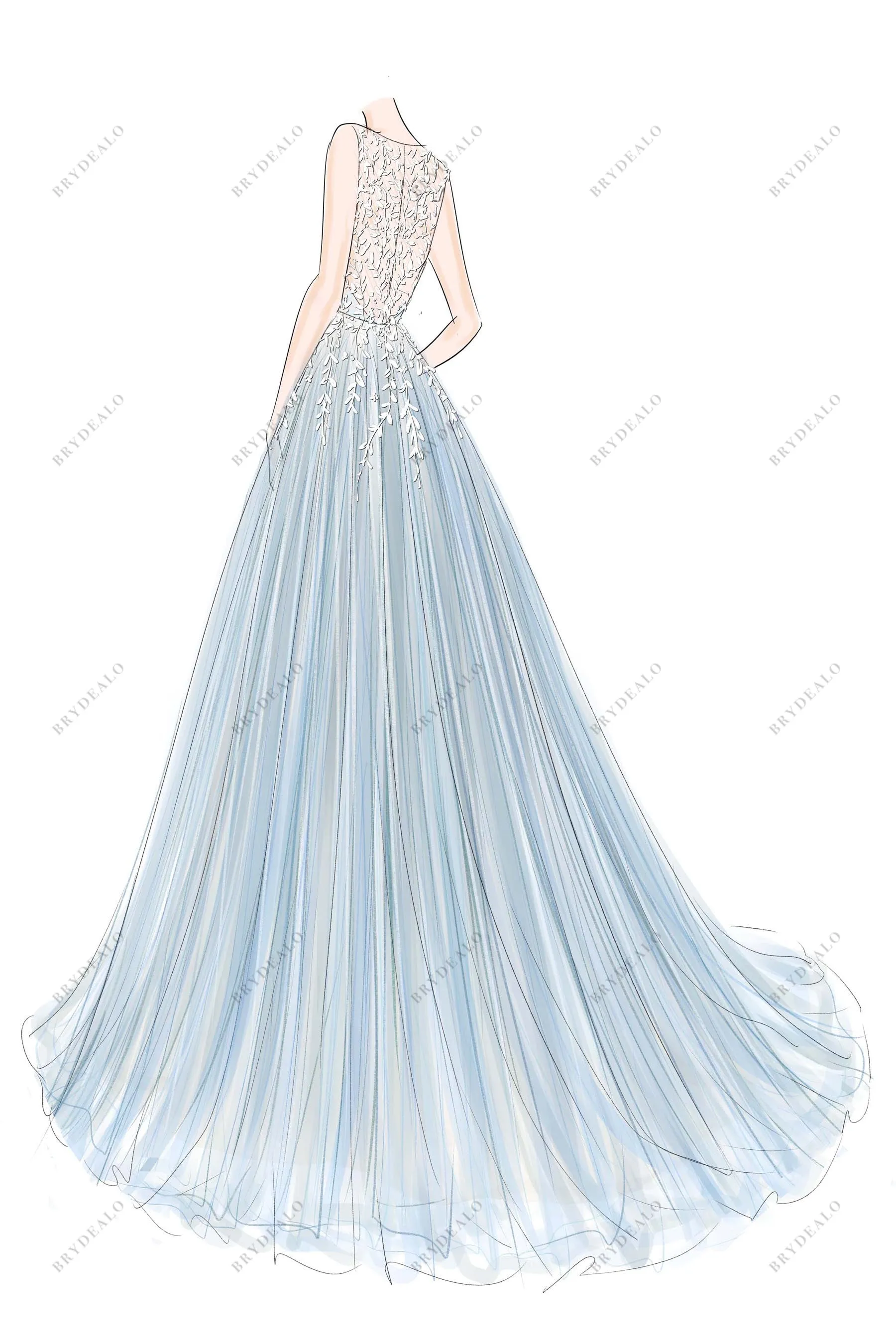 Romantic Blue Custom Lace Tulle A-line Wedding Dress Sketch