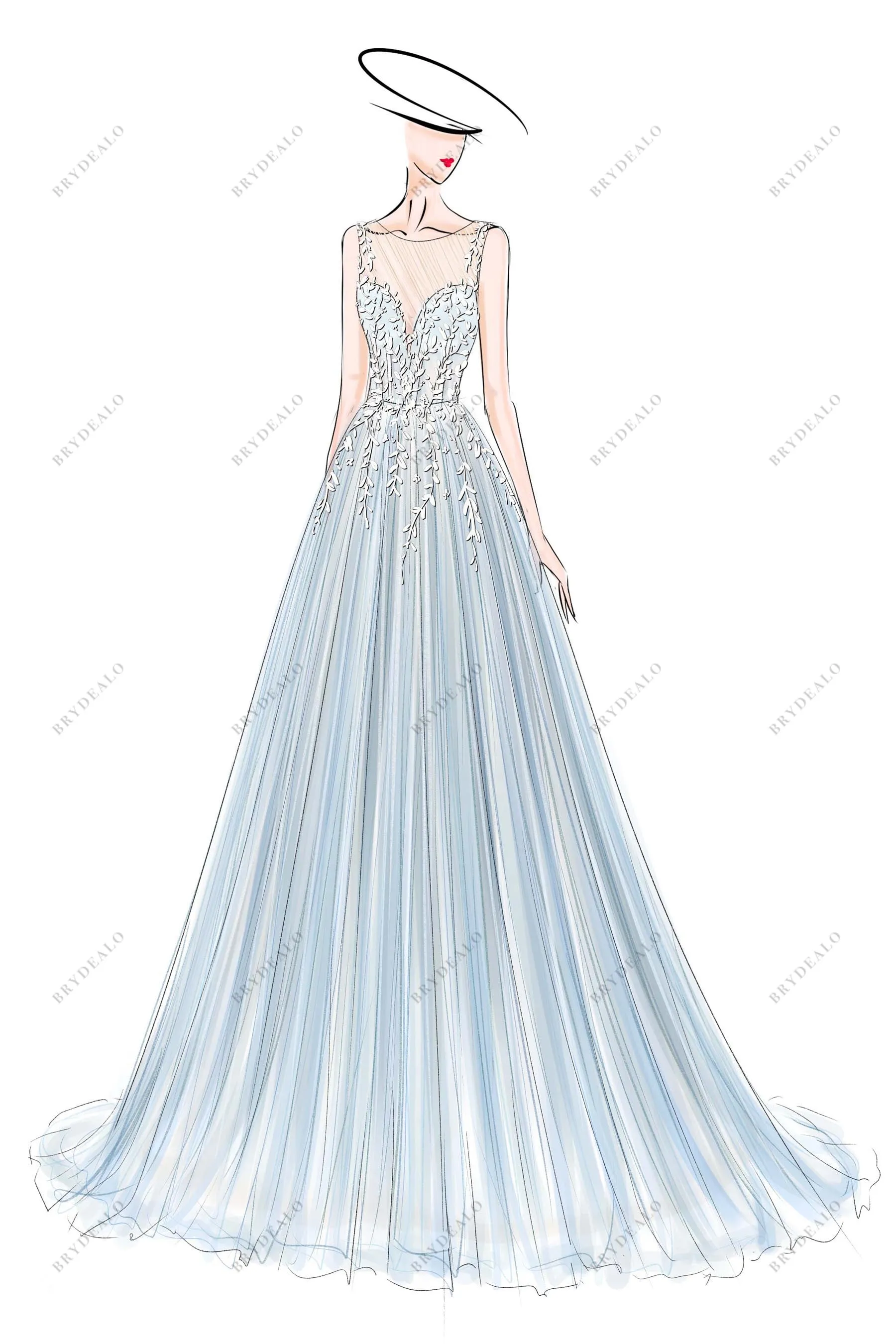 Romantic Blue Custom Lace Tulle A-line Wedding Dress Sketch