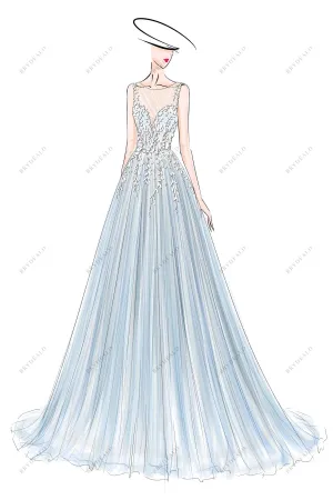 Romantic Blue Custom Lace Tulle A-line Wedding Dress Sketch