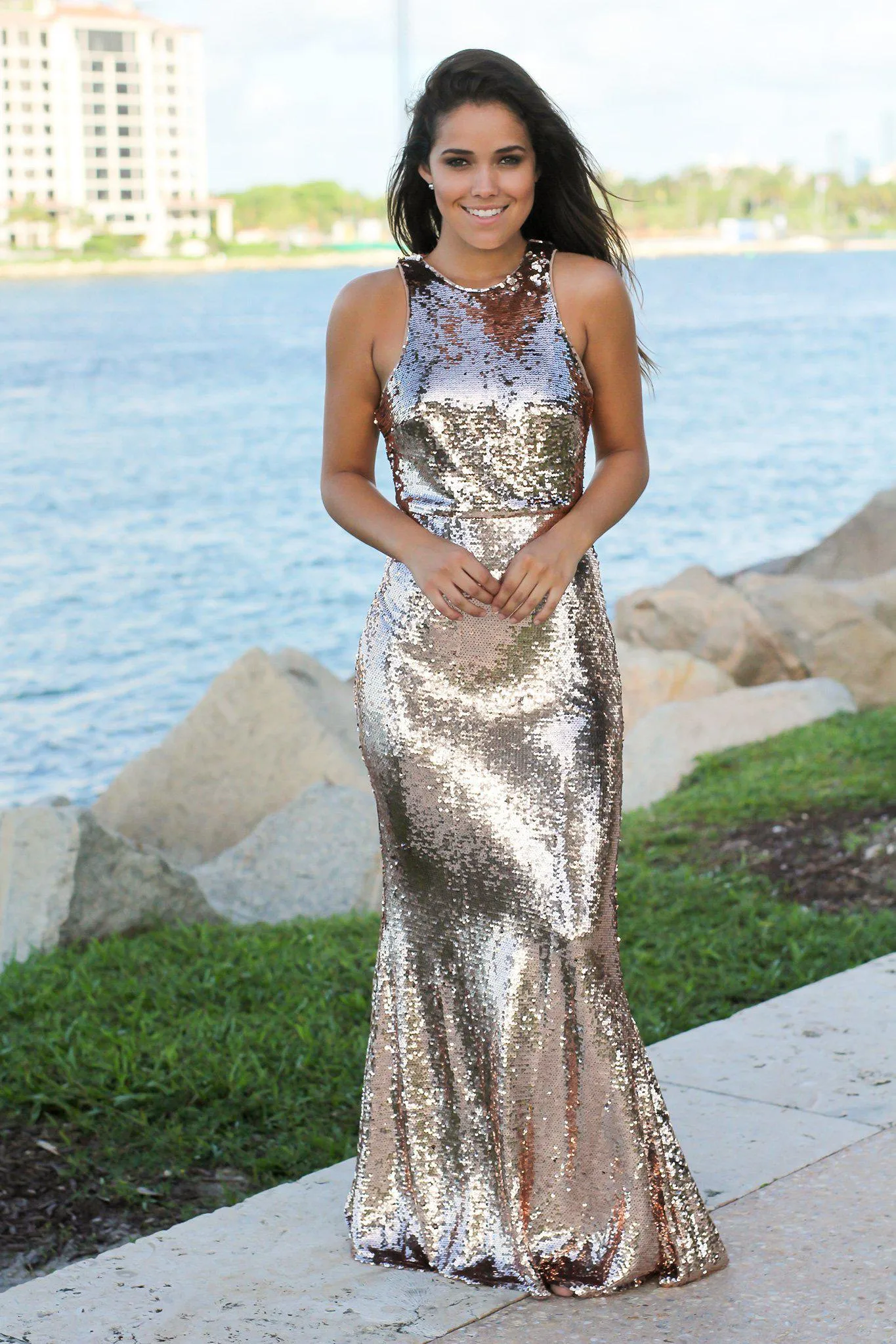 Rose Gold Sequin Racerback Maxi Dress