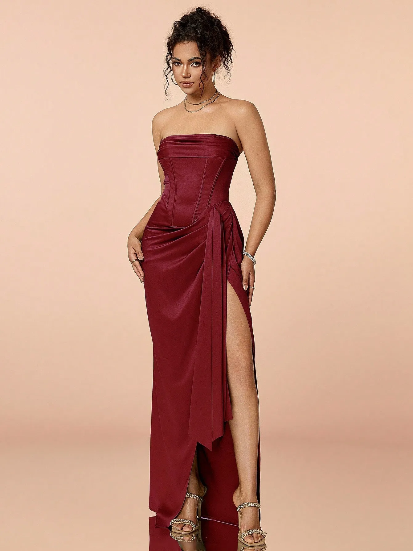 Ruched Split Thigh Satin Tube Prom Dress