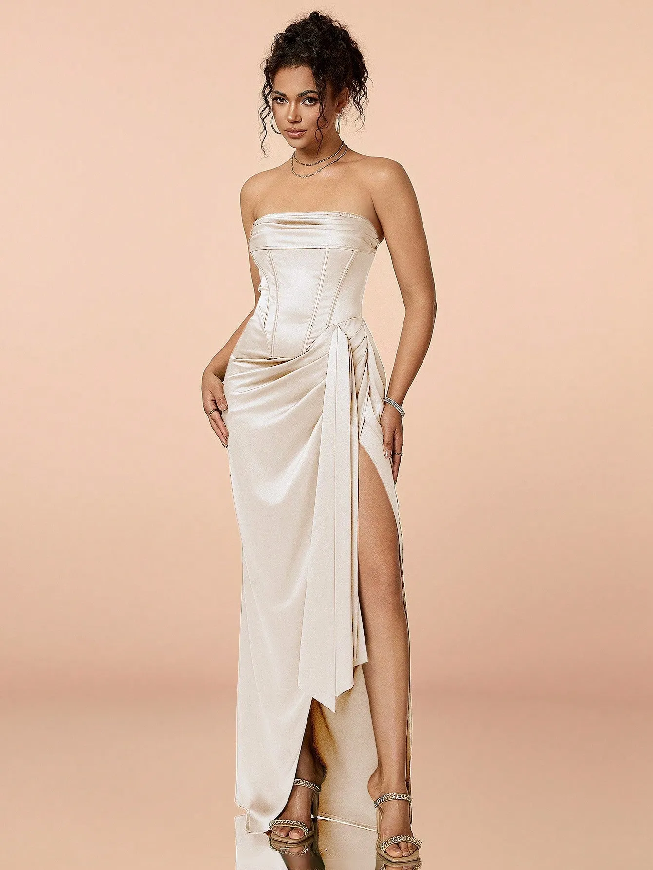 Ruched Split Thigh Satin Tube Prom Dress