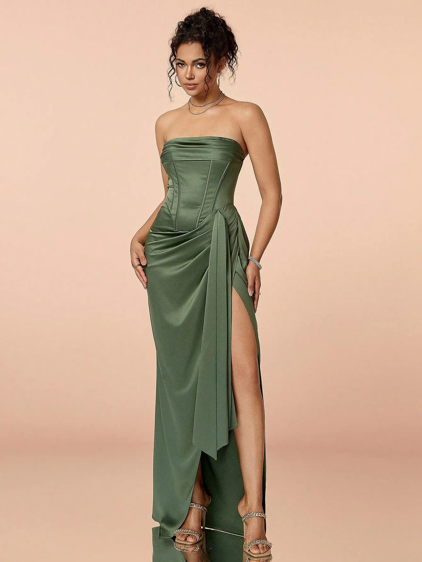 Ruched Split Thigh Satin Tube Prom Dress