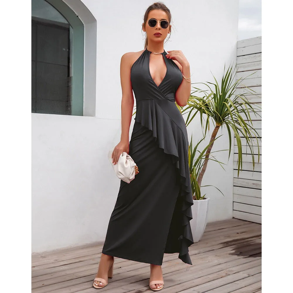 Ruffle Sleeveless Deep V Neck High Waist Dresses