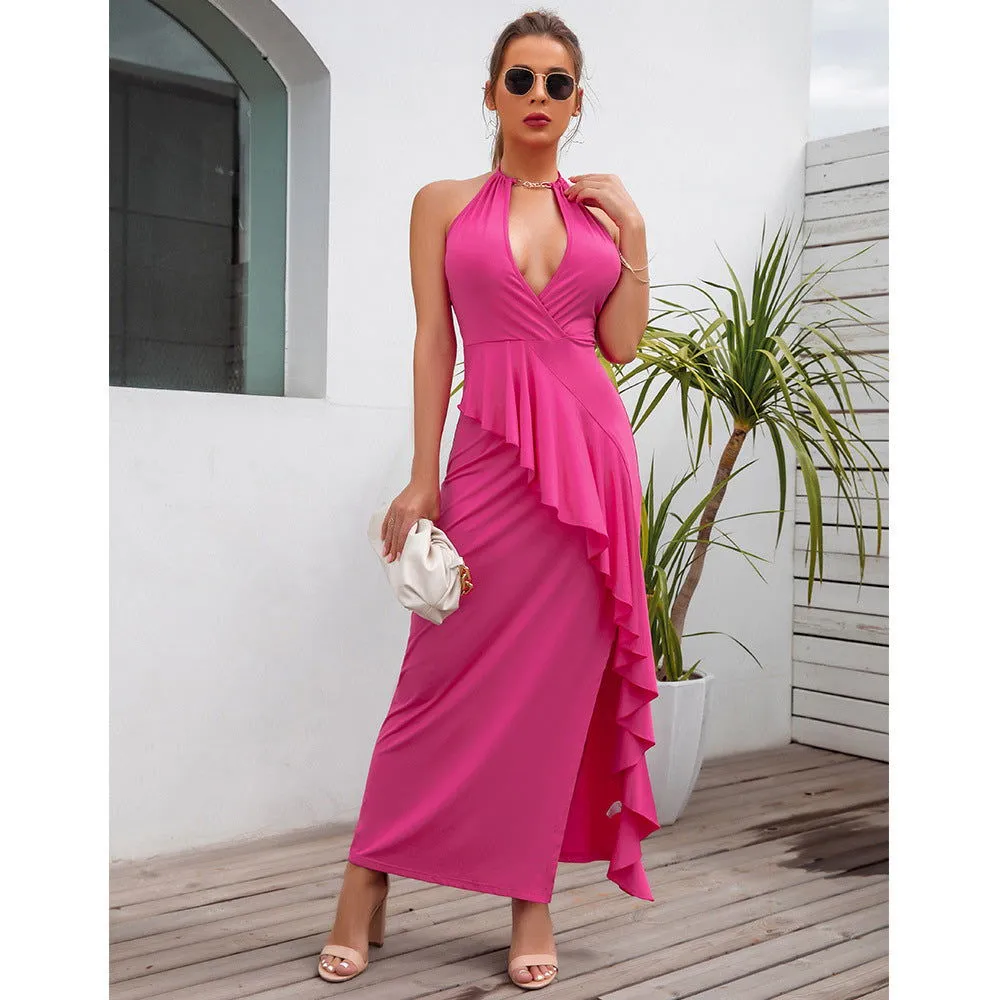 Ruffle Sleeveless Deep V Neck High Waist Dresses