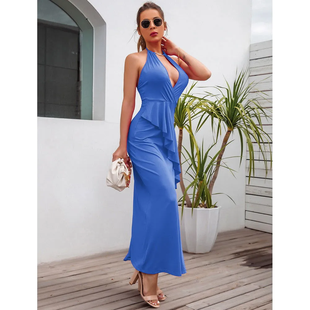 Ruffle Sleeveless Deep V Neck High Waist Dresses