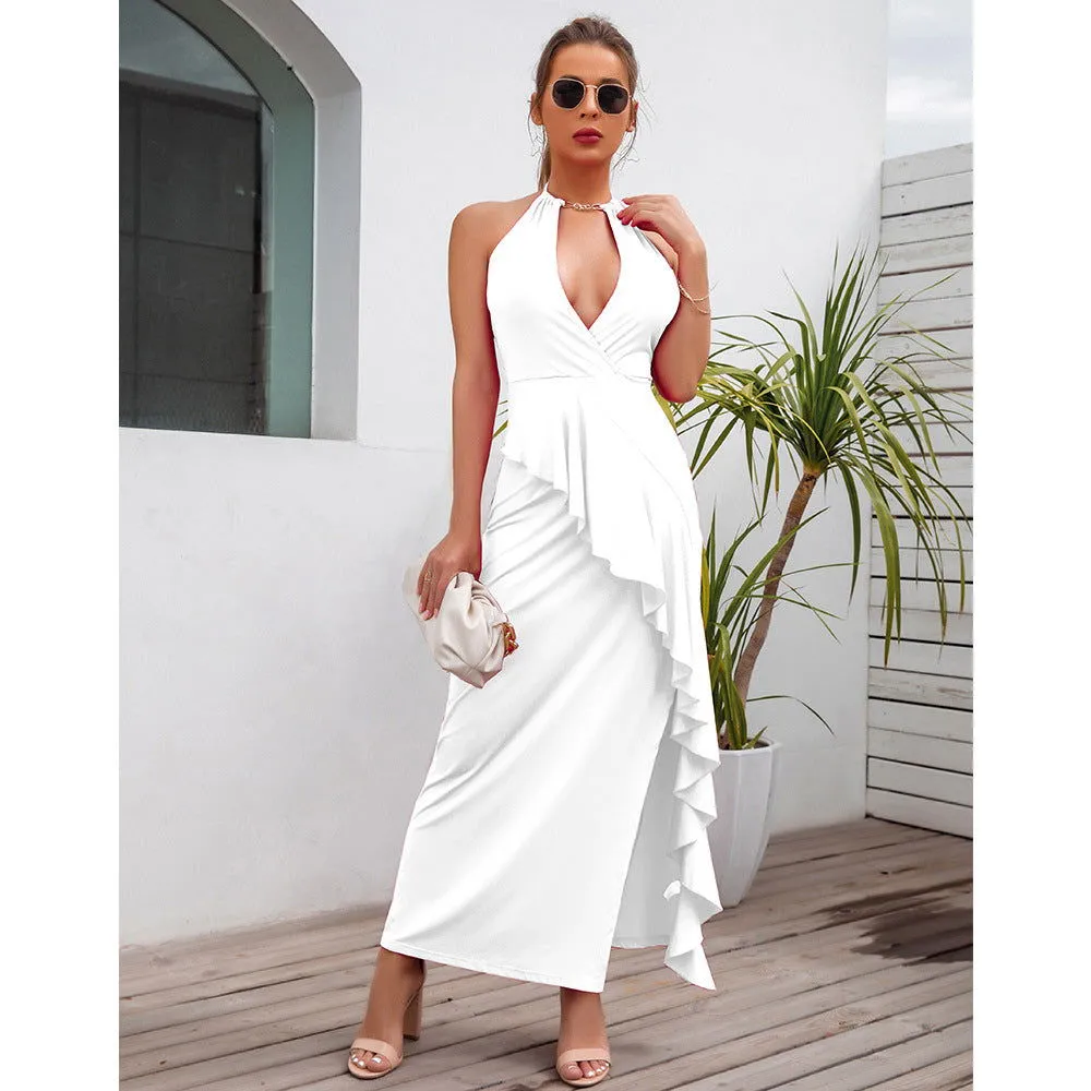 Ruffle Sleeveless Deep V Neck High Waist Dresses