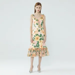 Ruffle V-neck Camellia Printed Fishtail Dress