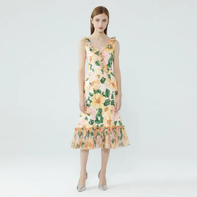 Ruffle V-neck Camellia Printed Fishtail Dress