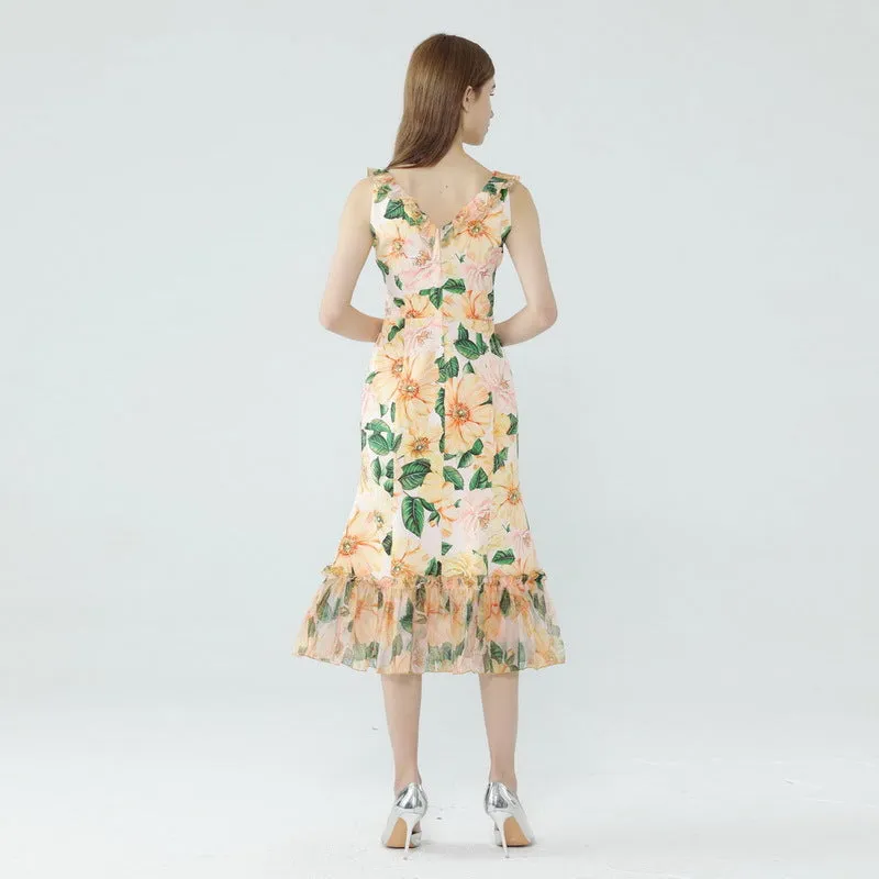 Ruffle V-neck Camellia Printed Fishtail Dress