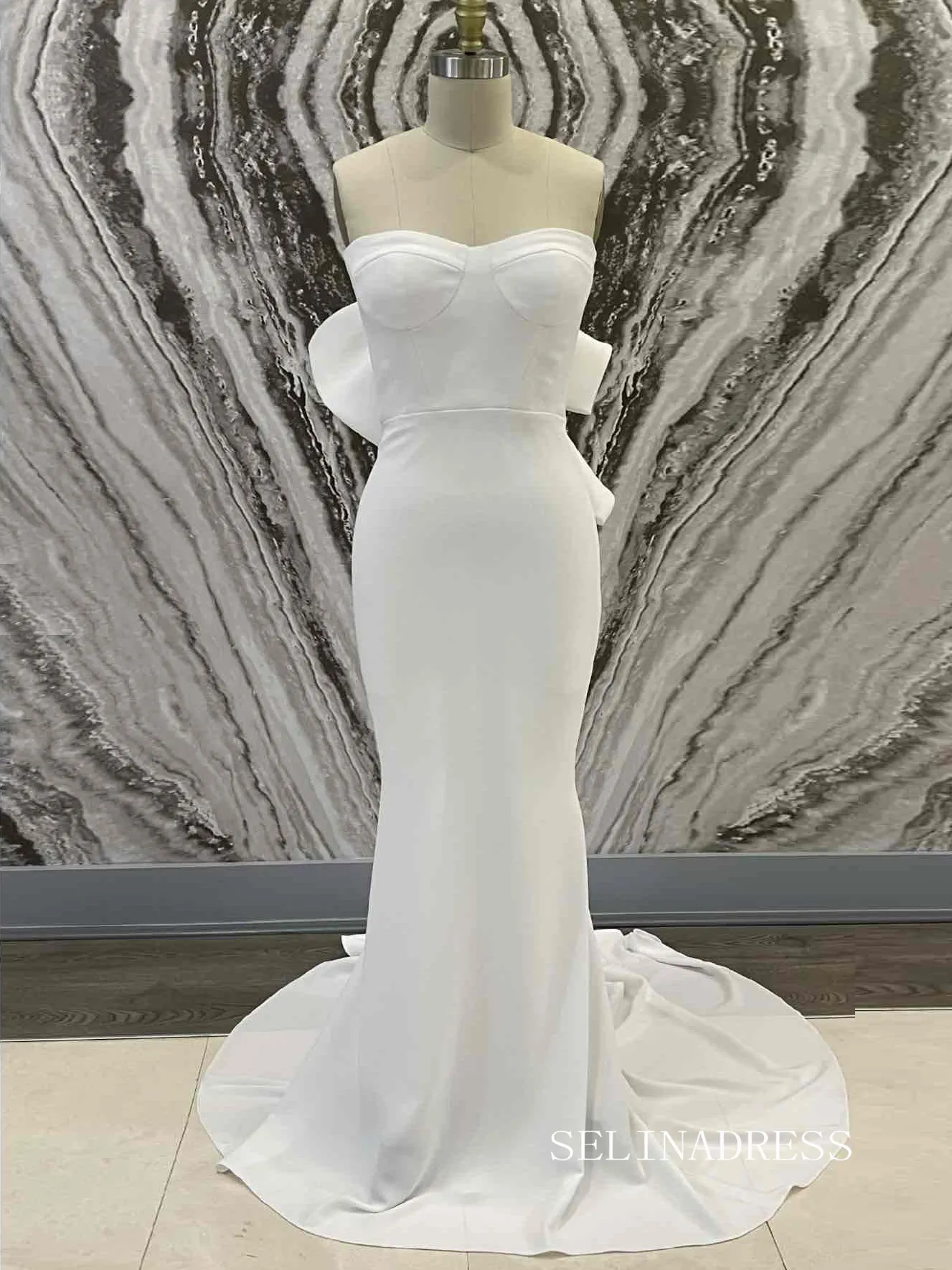 Rustic Mermaid Sweetheart Back Bow Satin Wedding Dress lpk916