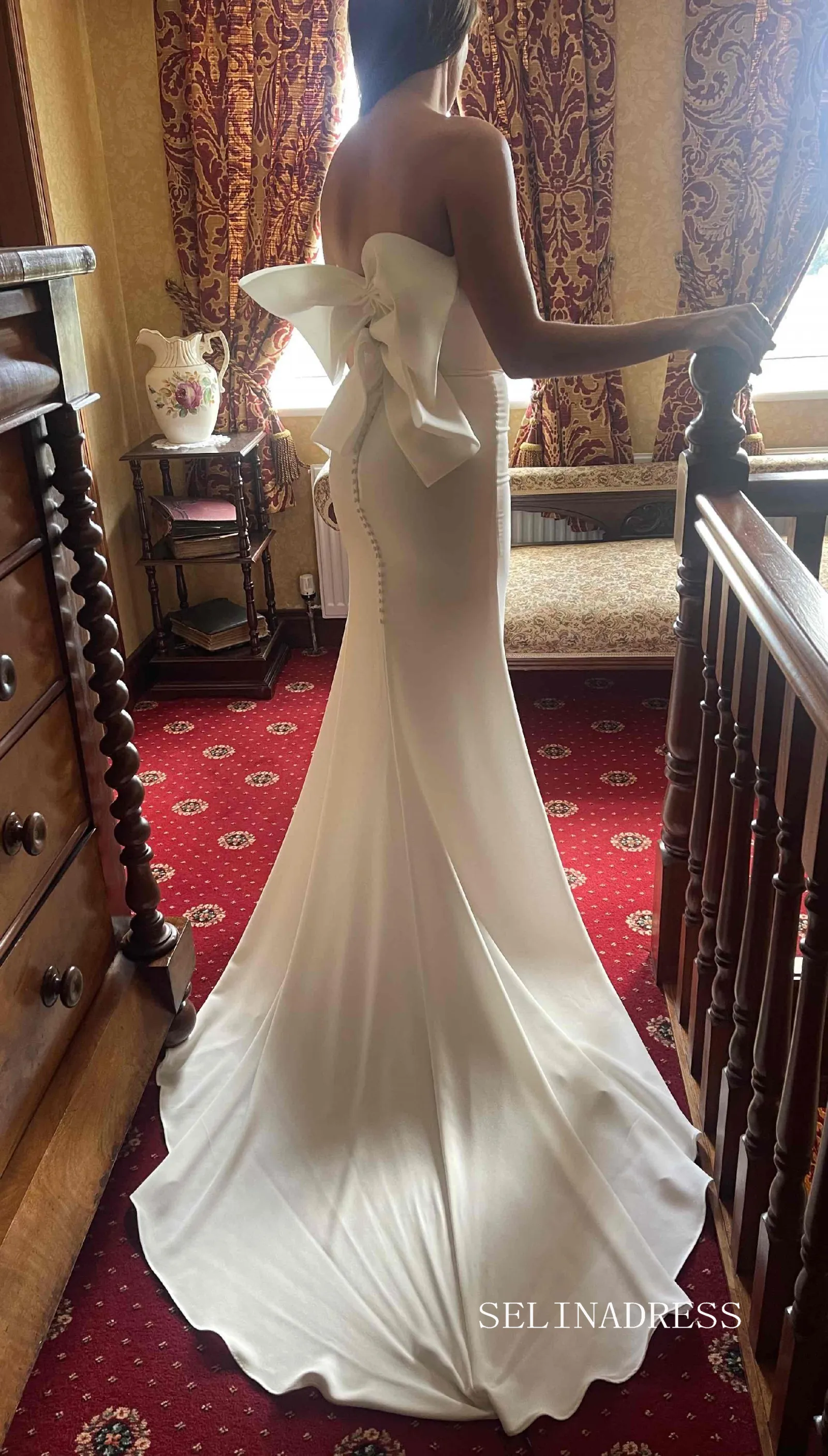 Rustic Mermaid Sweetheart Back Bow Satin Wedding Dress lpk916