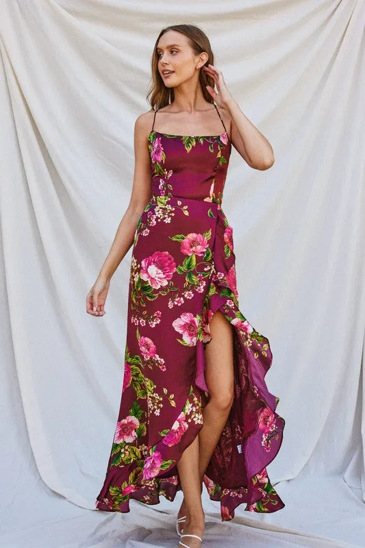 Sami Sleeveless Back Tie Floral Print Maxi Dress Burgundy