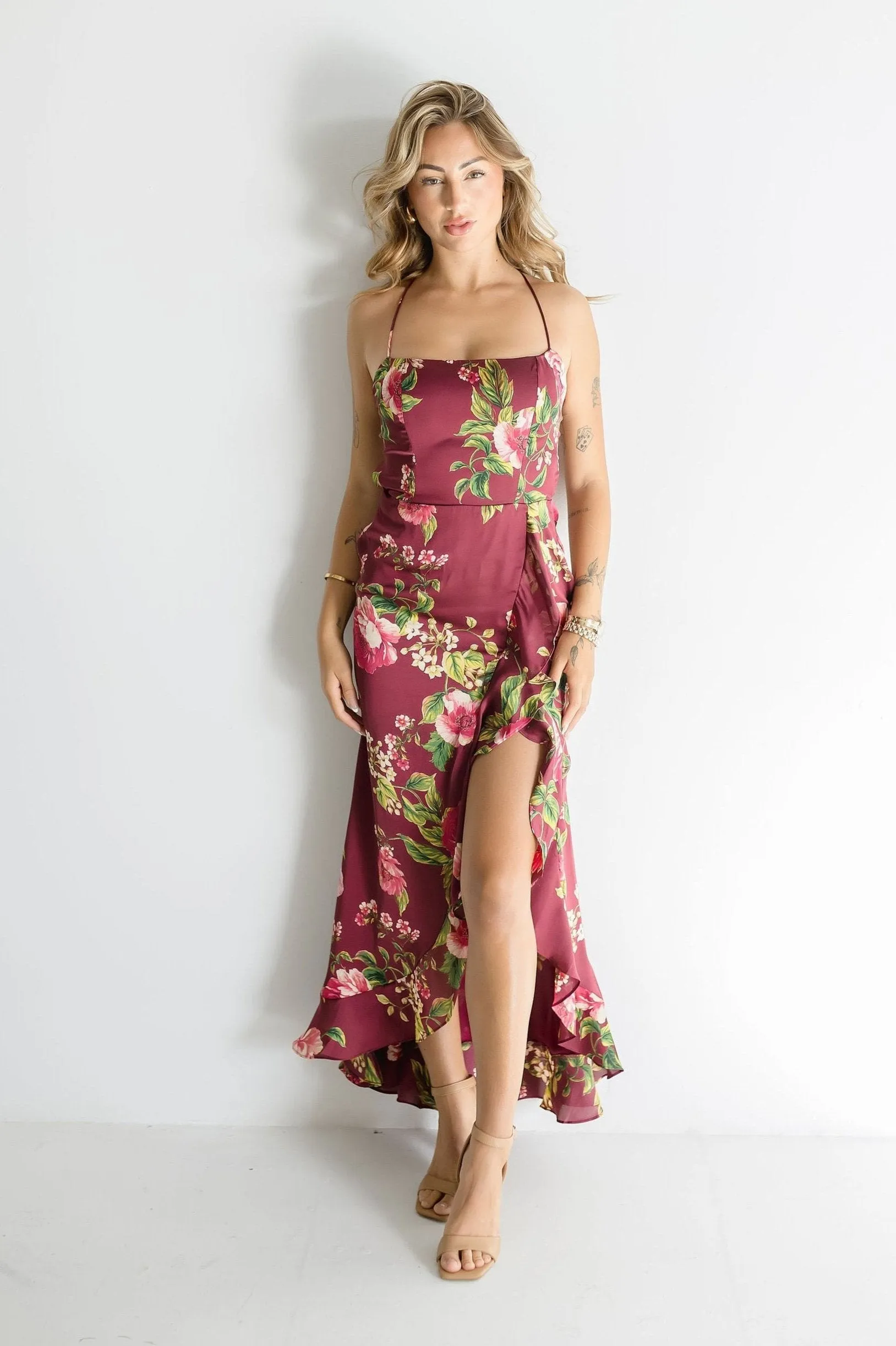 Sami Sleeveless Back Tie Floral Print Maxi Dress Burgundy