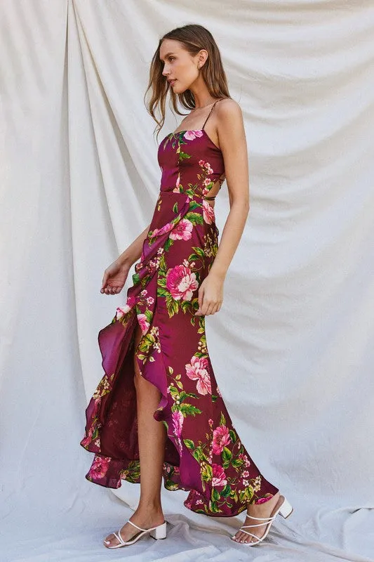 Sami Sleeveless Back Tie Floral Print Maxi Dress Burgundy