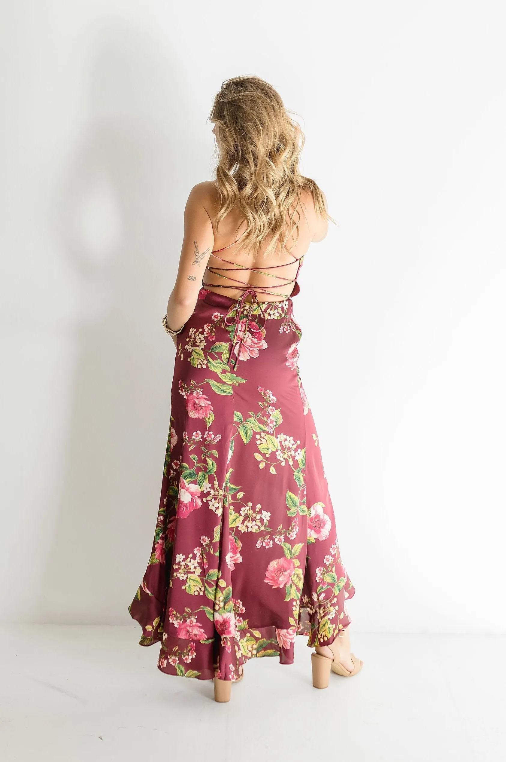 Sami Sleeveless Back Tie Floral Print Maxi Dress Burgundy