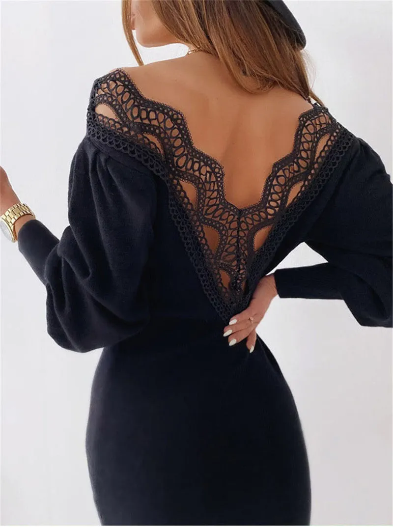 Sexy Backless Hollow-out Lace V-neck Cinched Waist Mini Dress