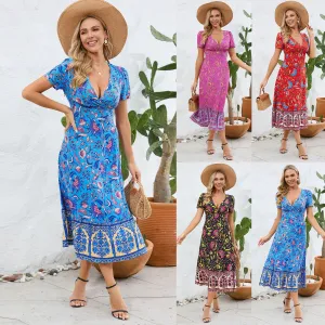 Sexy Short Sleeve V-neck Dress Bohemian Beach Vintage Floral