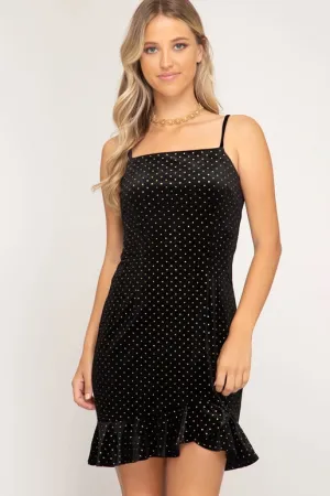 She   Sky Glitter Polka Dot Velvet Bodycon Dress - Black