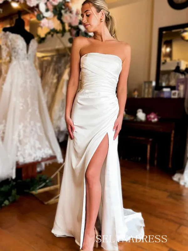 Sheath/Column White Strapless Wedding Dress Cheap Satin Bridal Gowns TKL3039