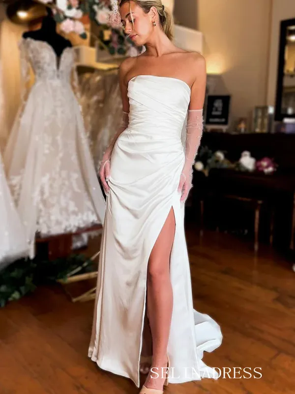 Sheath/Column White Strapless Wedding Dress Cheap Satin Bridal Gowns TKL3039