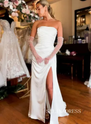 Sheath/Column White Strapless Wedding Dress Cheap Satin Bridal Gowns TKL3039