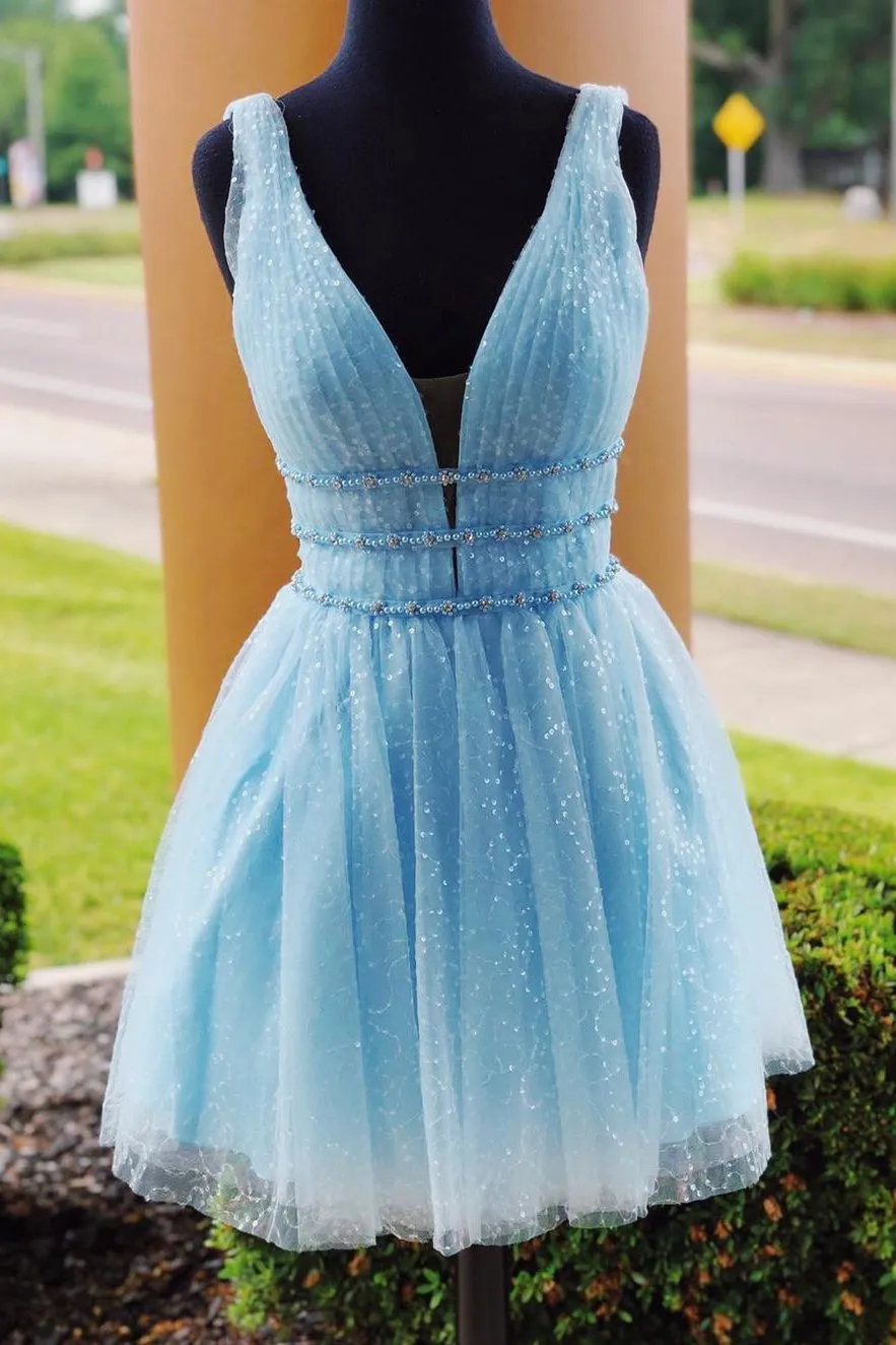 Shiny Beading Sky Blue Homecoming Dress with Sequins, Deep V Neck Graduation Dress UQ1927