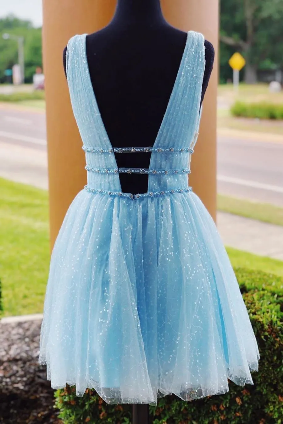 Shiny Beading Sky Blue Homecoming Dress with Sequins, Deep V Neck Graduation Dress UQ1927