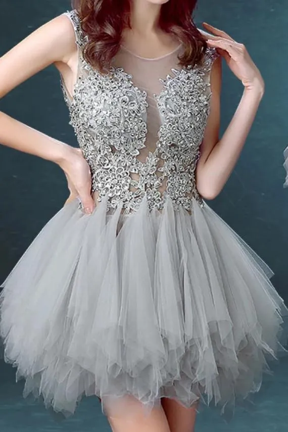 Silver Gray Tulle Scoop Unique Junior Homecoming Dress with appliques,Graduation Dress UQ2049