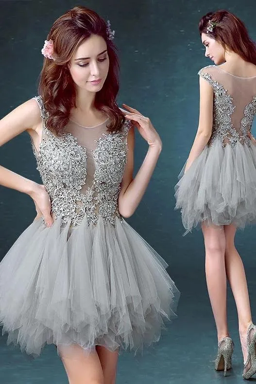 Silver Gray Tulle Scoop Unique Junior Homecoming Dress with appliques,Graduation Dress UQ2049