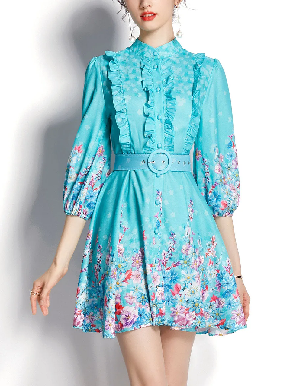 Sky Blue Stand Collar Ruffles Floral Print Long Sleeve Boho Dress Mini Dress