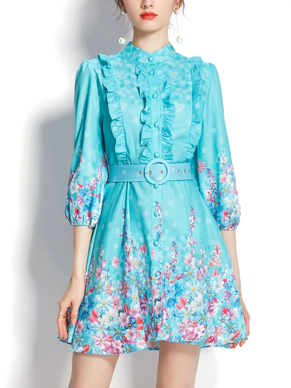 Sky Blue Stand Collar Ruffles Floral Print Long Sleeve Boho Dress Mini Dress