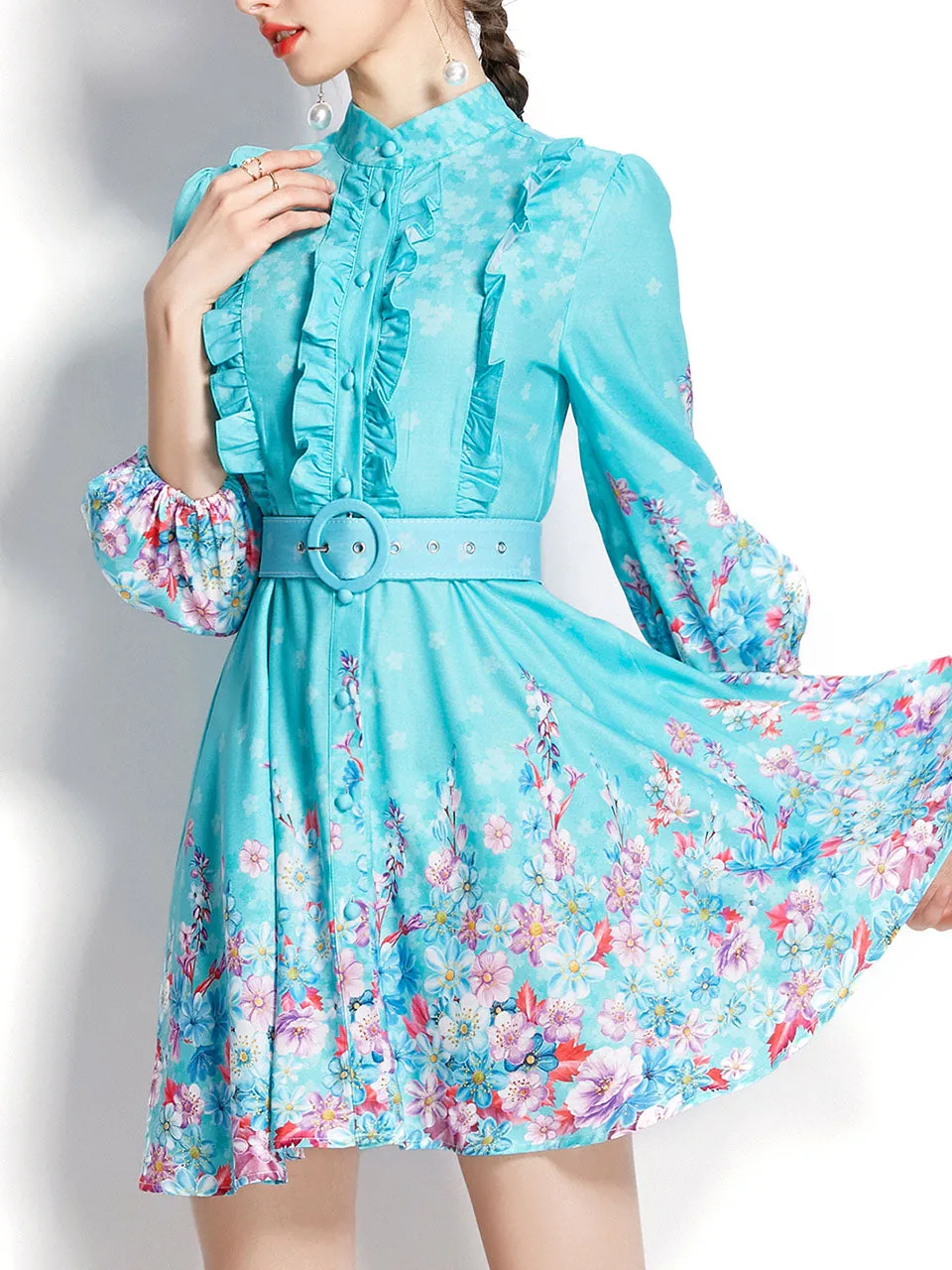 Sky Blue Stand Collar Ruffles Floral Print Long Sleeve Boho Dress Mini Dress