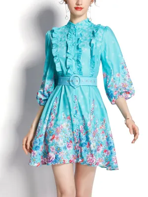 Sky Blue Stand Collar Ruffles Floral Print Long Sleeve Boho Dress Mini Dress