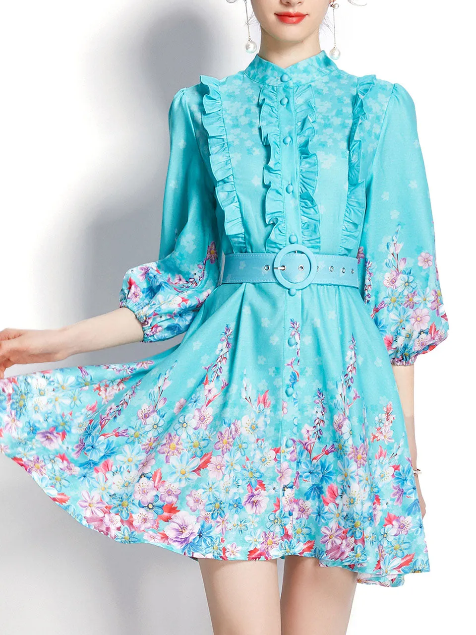 Sky Blue Stand Collar Ruffles Floral Print Long Sleeve Boho Dress Mini Dress