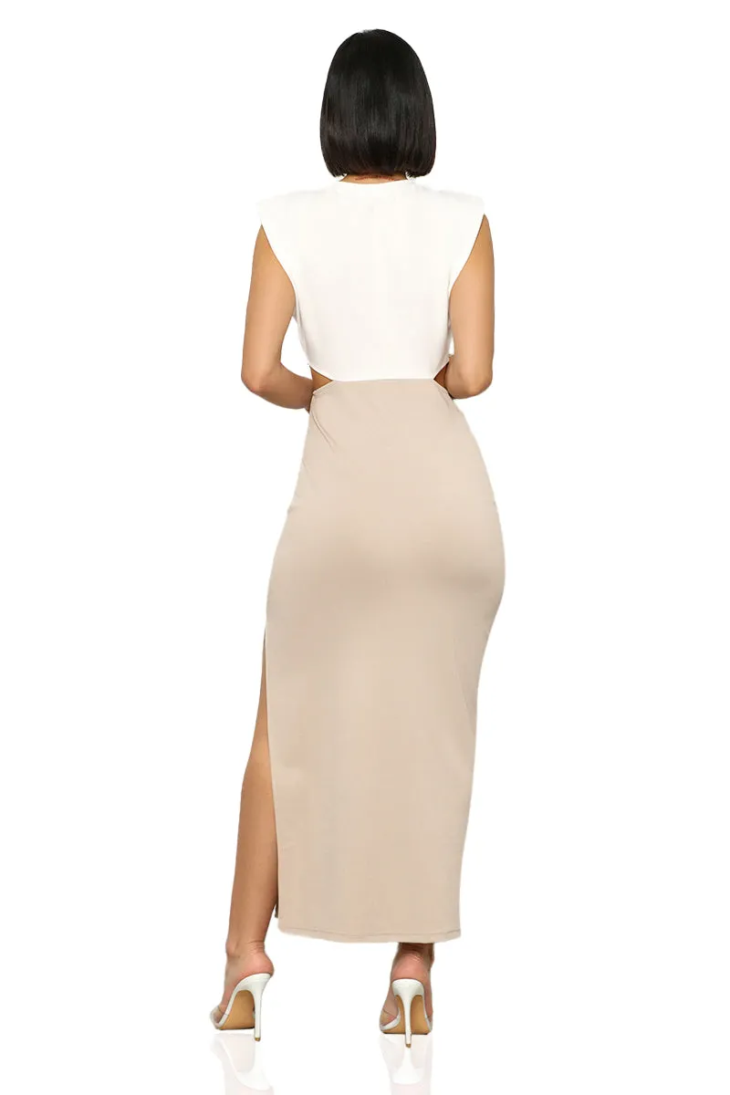 So Effortless Color-Block Cut Out Dress (White & Beige)