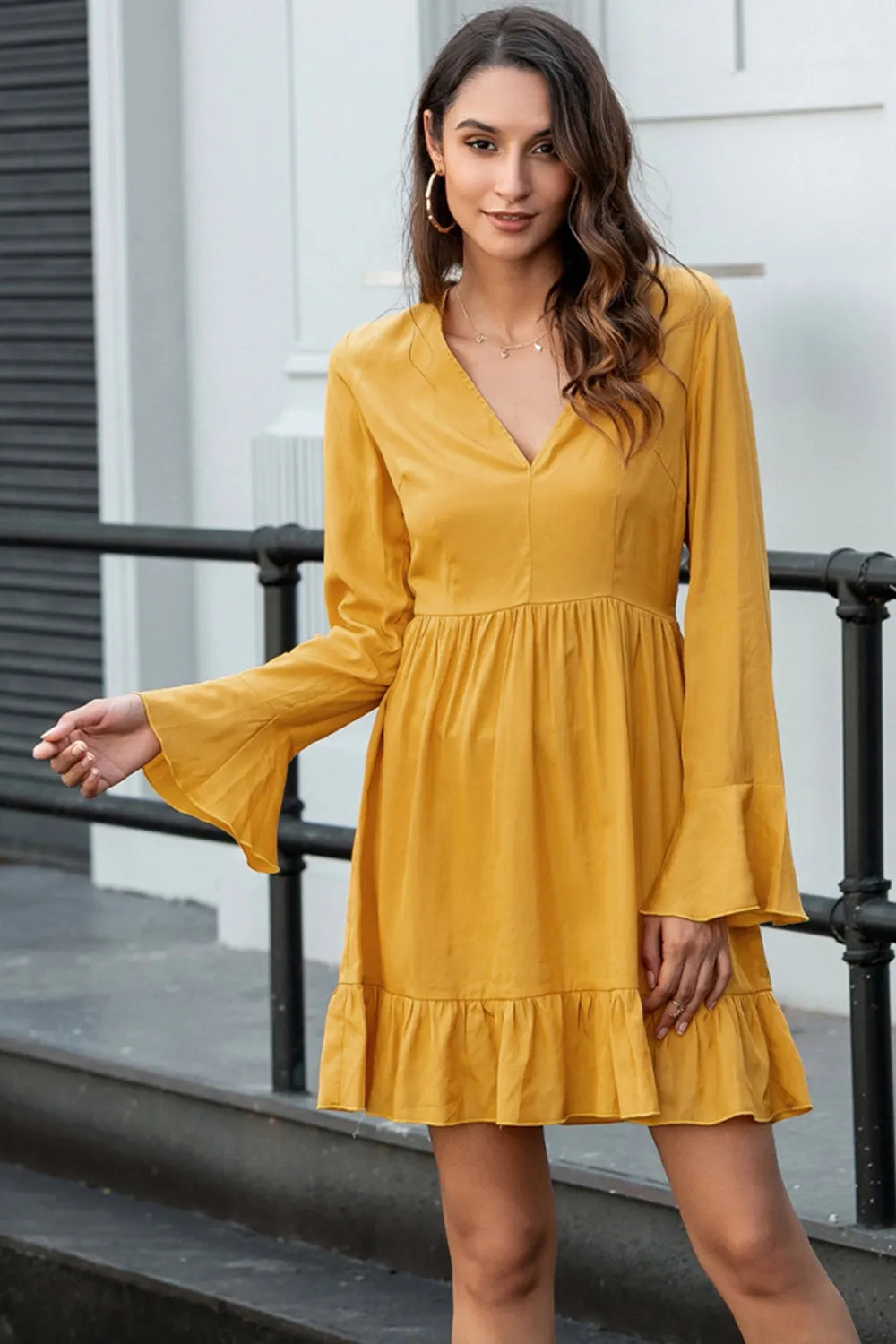 Solid Color V-neck Flared Sleeve Dress