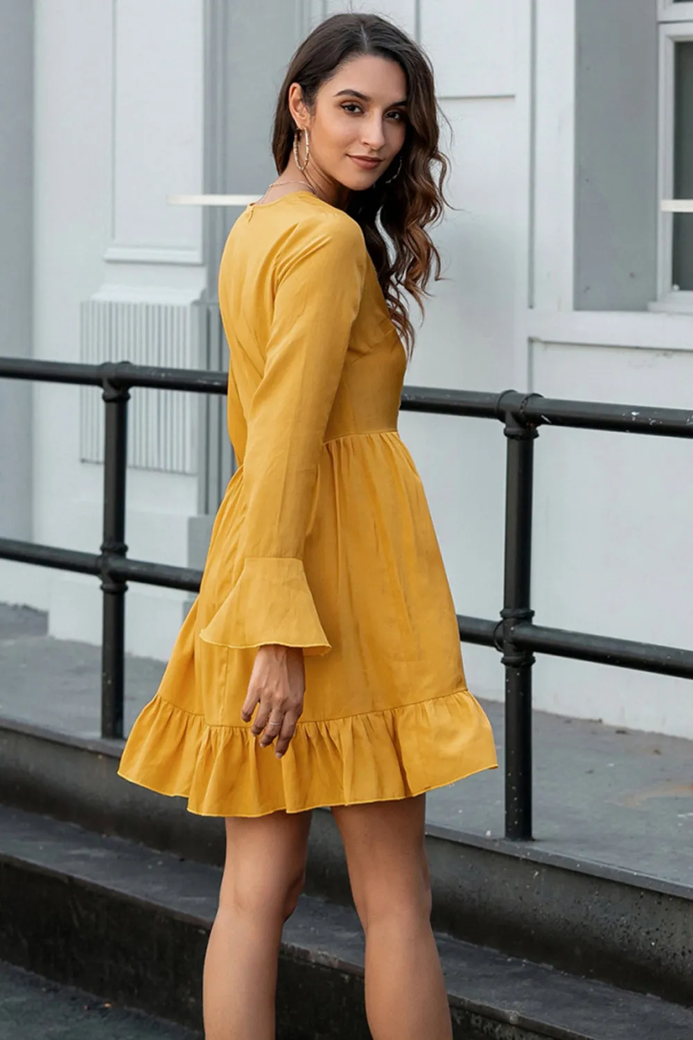 Solid Color V-neck Flared Sleeve Dress