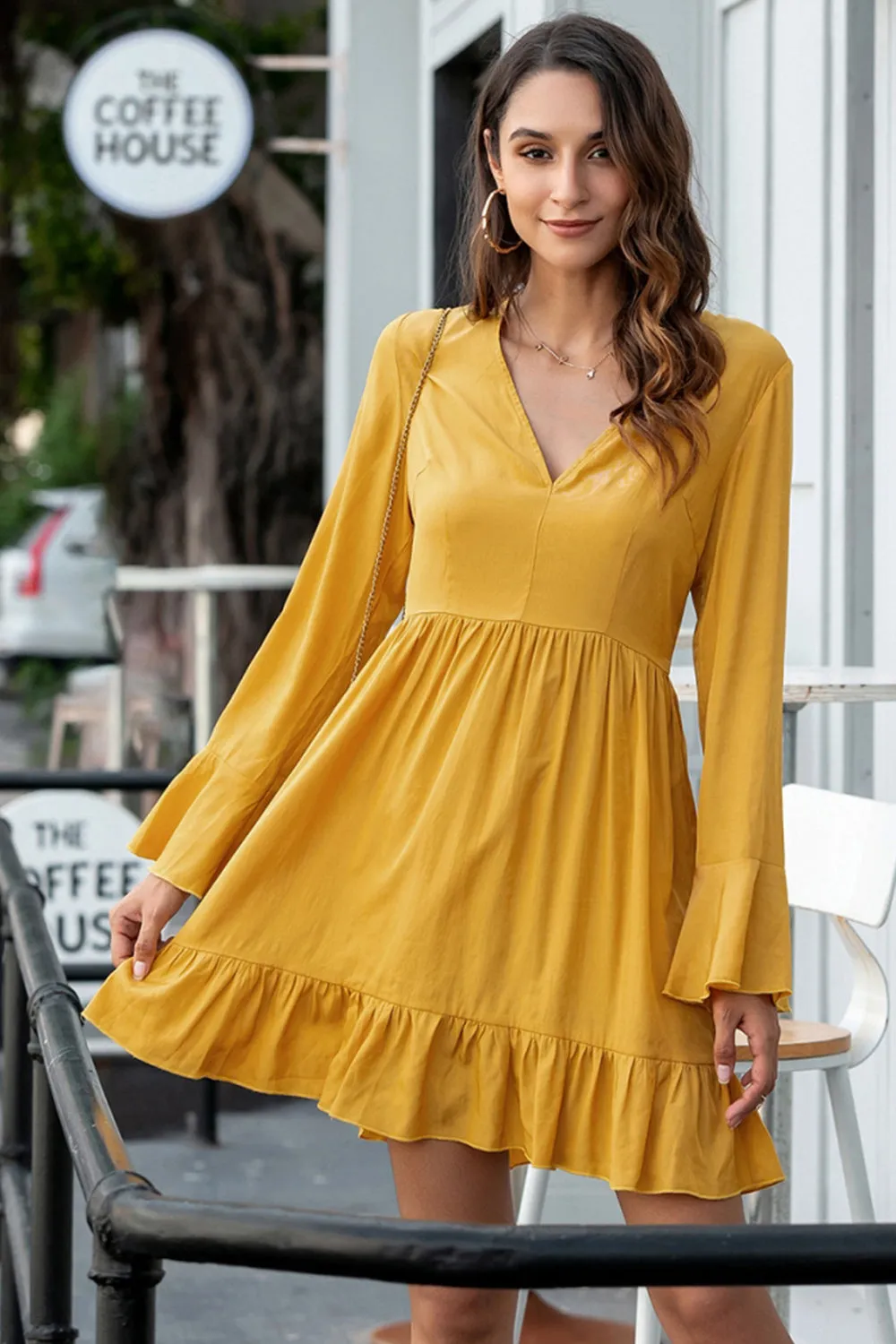 Solid Color V-neck Flared Sleeve Dress