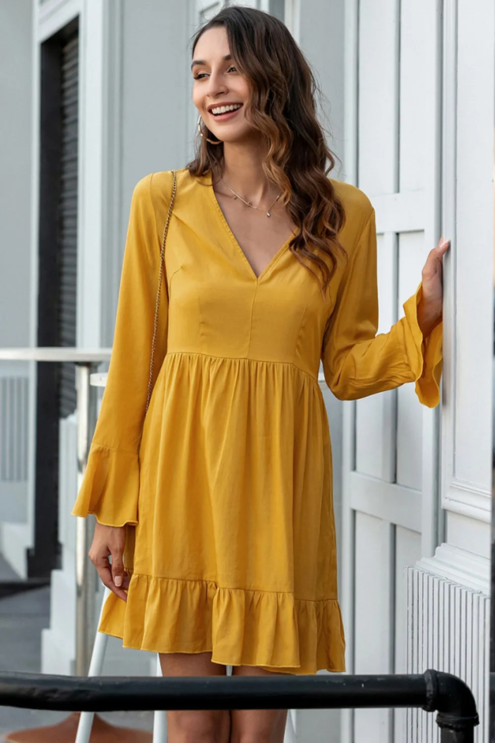 Solid Color V-neck Flared Sleeve Dress