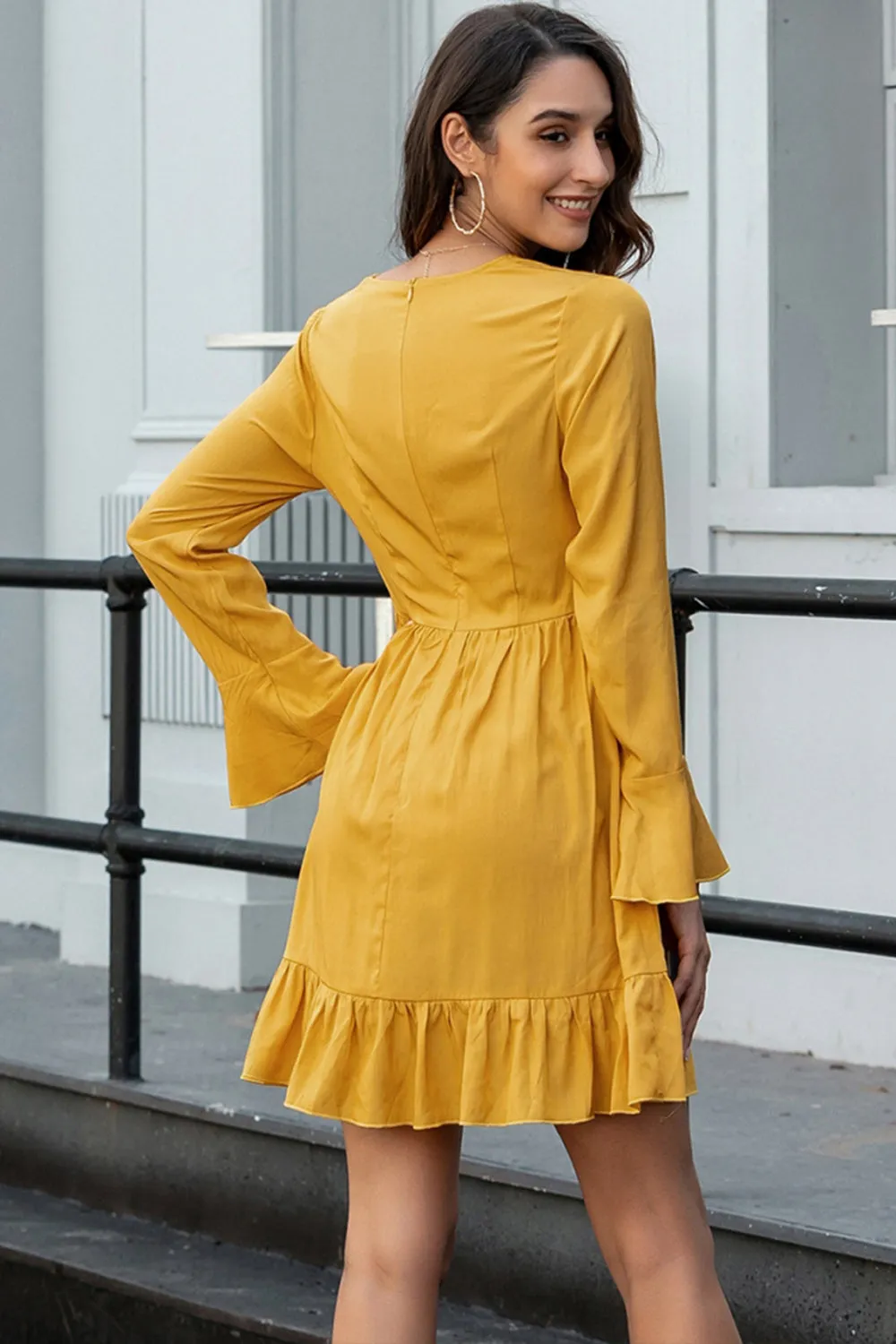 Solid Color V-neck Flared Sleeve Dress