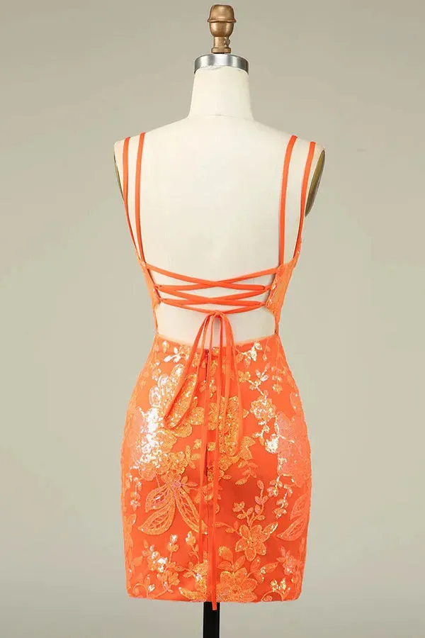 Spaghetti Straps Tight Orange Homecoming Dress Short Prom Dress PD525