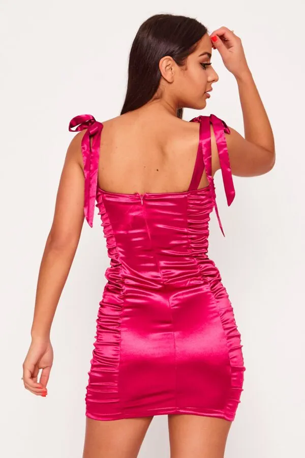 Stretch Satin Ribbon Strap Ruched Dress Fuchsia