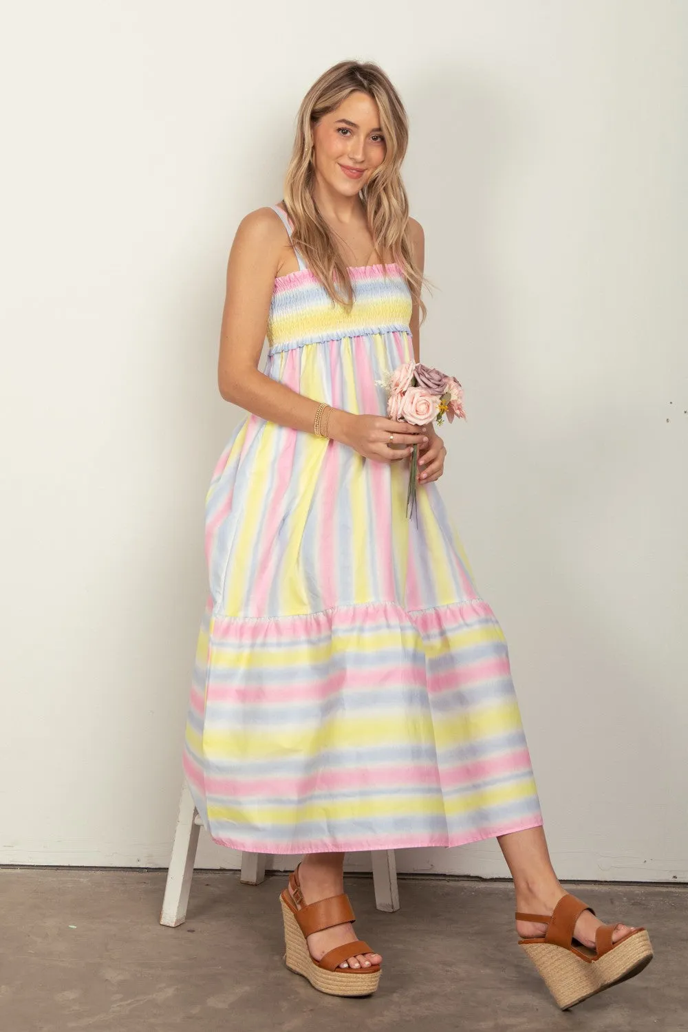 Striped Woven Smocked Midi Cami Dress