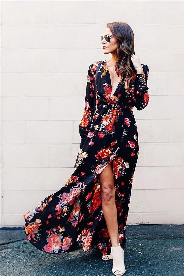 Stylish Floral Print Deep V Neck Maxi Dress