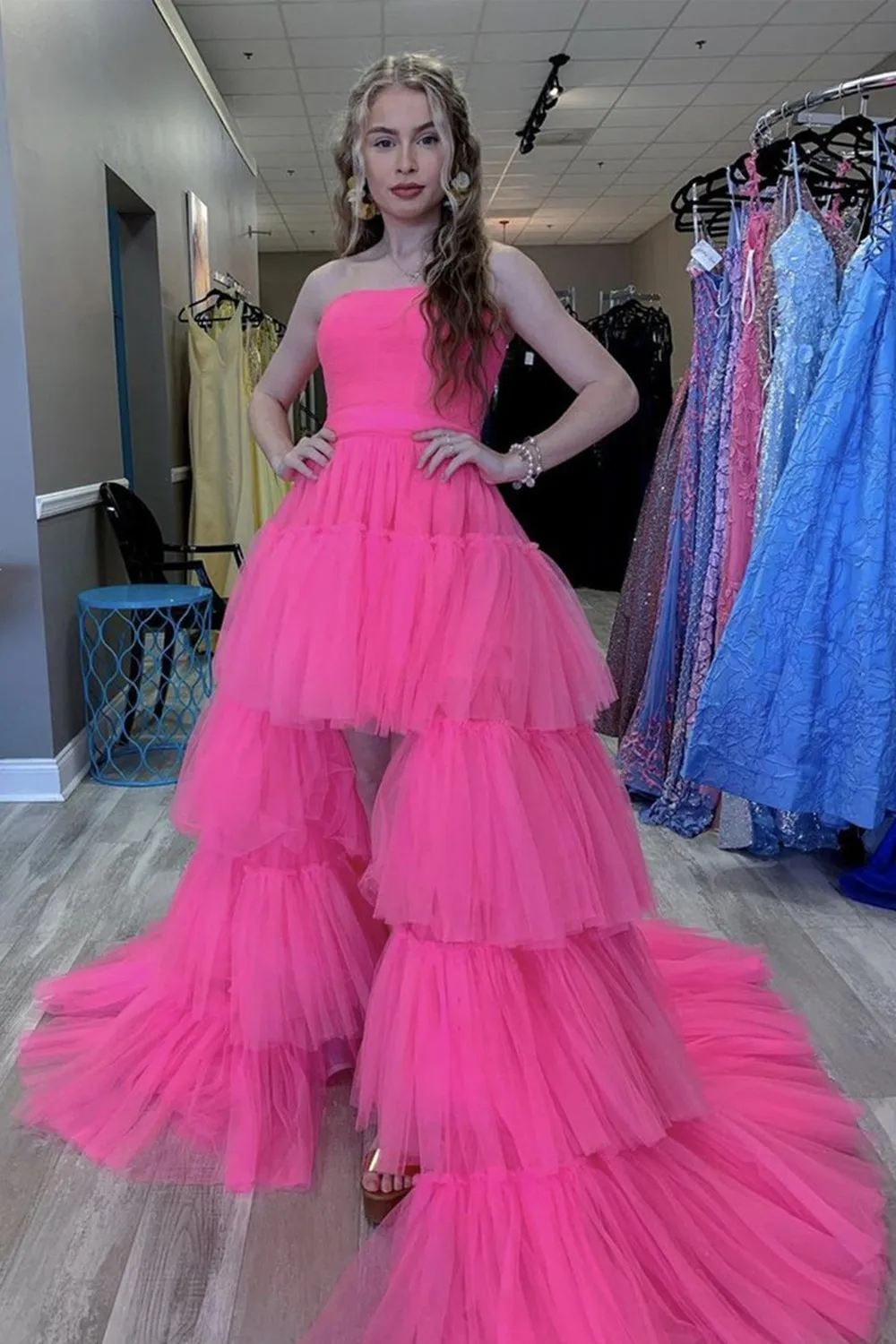 Stylish High Low Hot Pink Tulle Layered Long Prom Dress, Hot Pink Formal Evening Dress