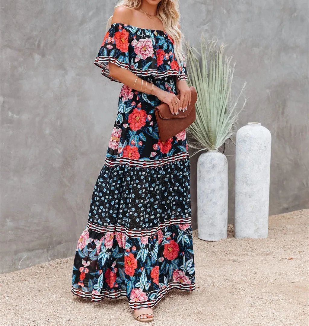 Summer New Shoulder Print Long Swing Dress