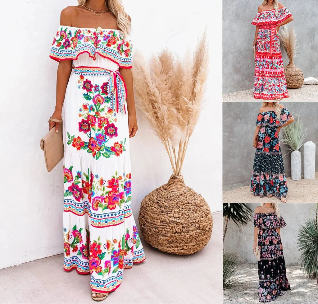 Summer New Shoulder Print Long Swing Dress