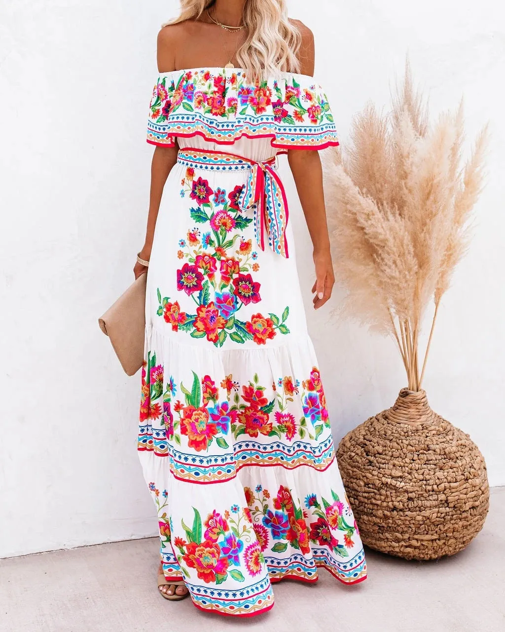 Summer New Shoulder Print Long Swing Dress